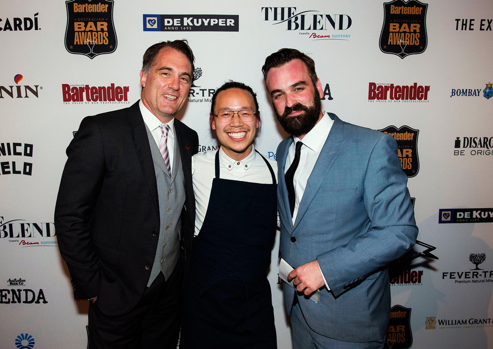 The Bartender of the Year Michael Chiem (middle) with Denis Brown of Bacardi-Martini (left) and Australian Bartender editor Sam Bygrave (right).